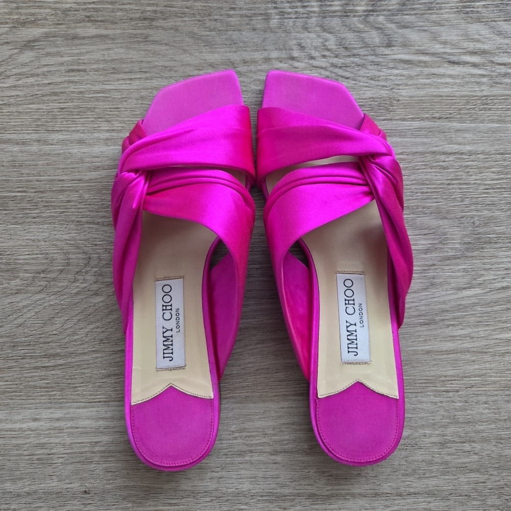 Jimmy Choo Hot Pink Satin Knot Slide Mules - Picture 4 of 7